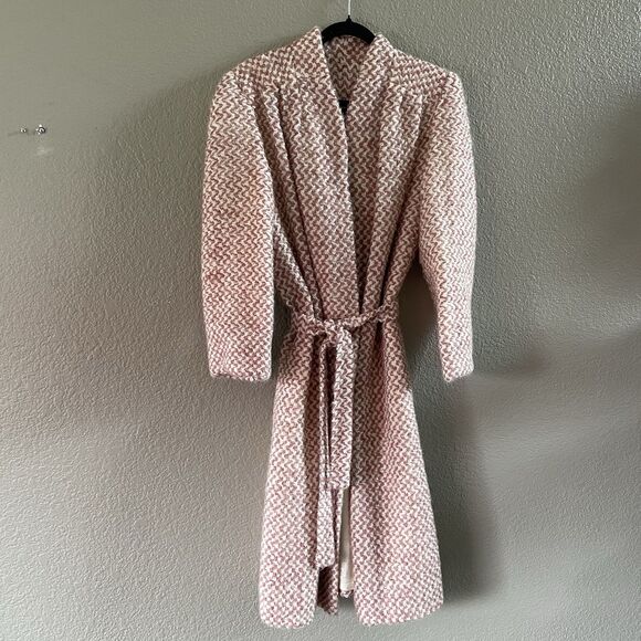 Vintage 80s MJ Seattle Coat Womens Small Pink Check Belted Knit Boucle Mohair - Picture 1 of 10